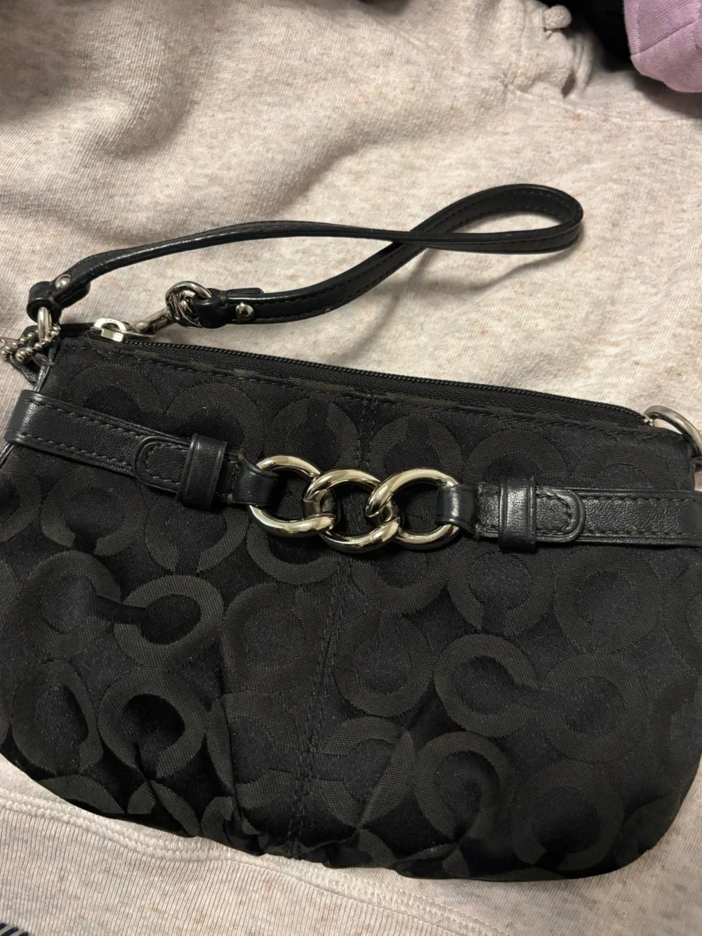 Coach Black Signature Wristlet with Chain-Link Detail